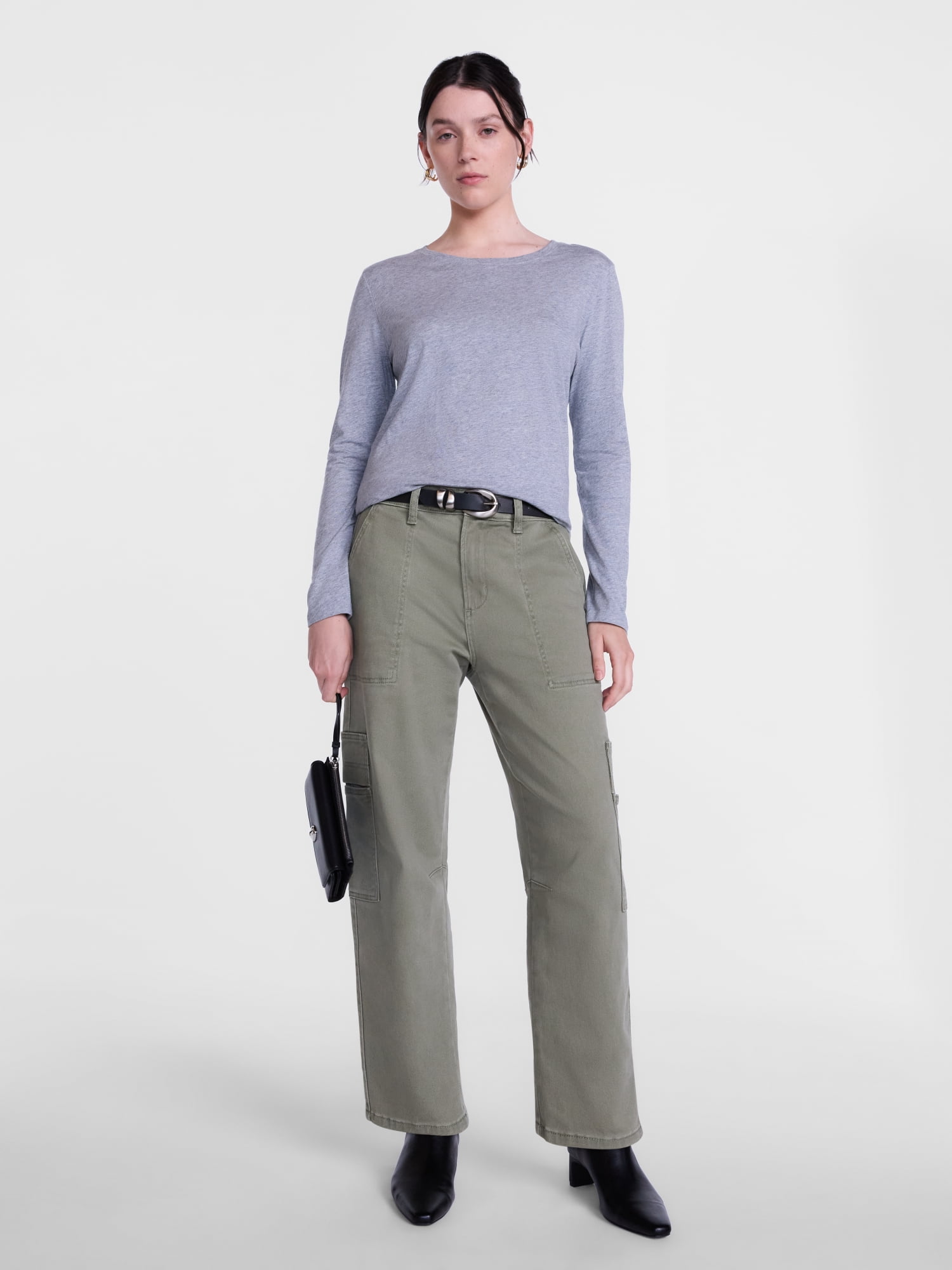 Scenario Women's Cotton Crewneck Tee with Long Sleeves, Sizes XS-XXXL
