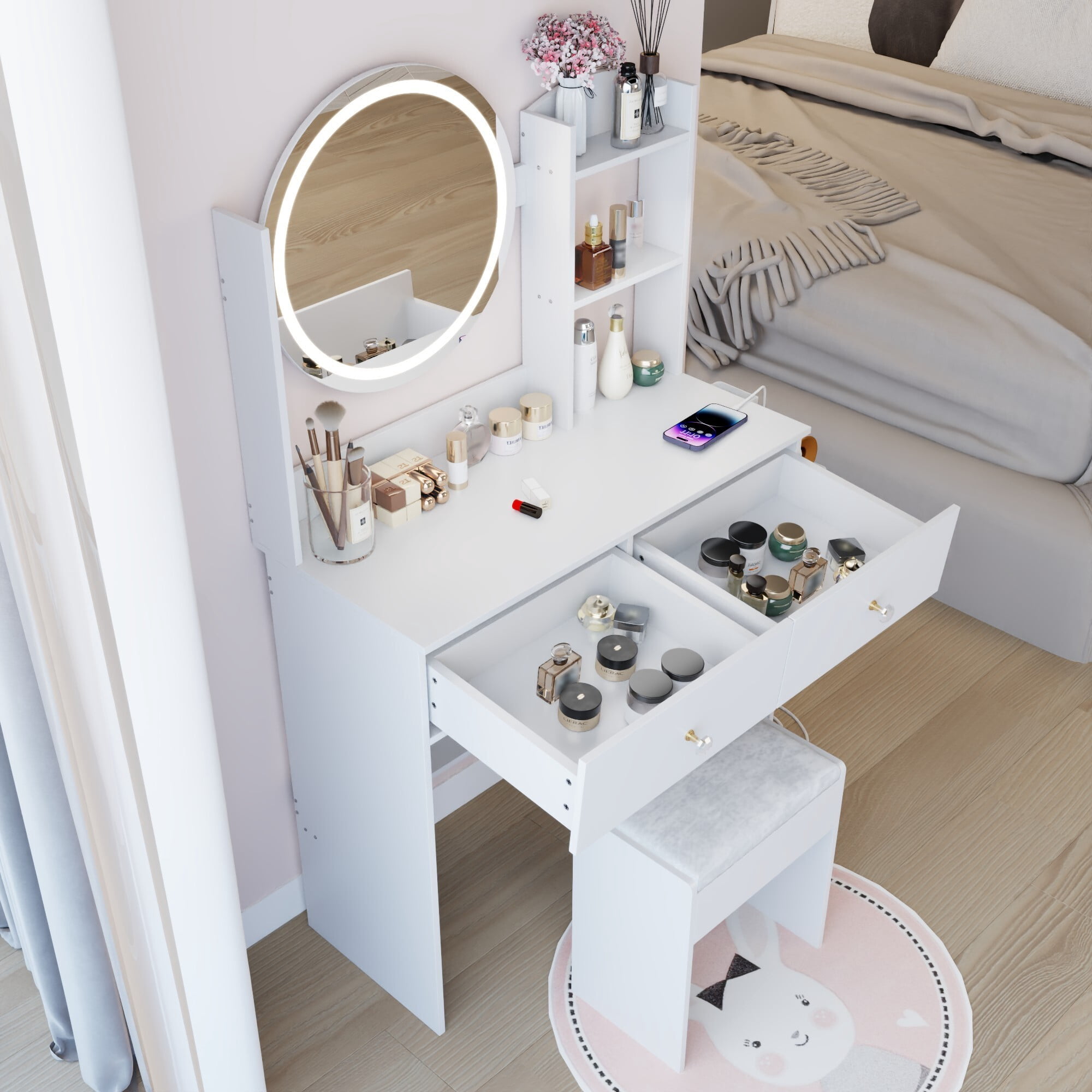 AENKYO LED Vanity Table Set with Lighted Mirror, Charging Station, 2 Drawers, Shelves & Upholstered Stool, White