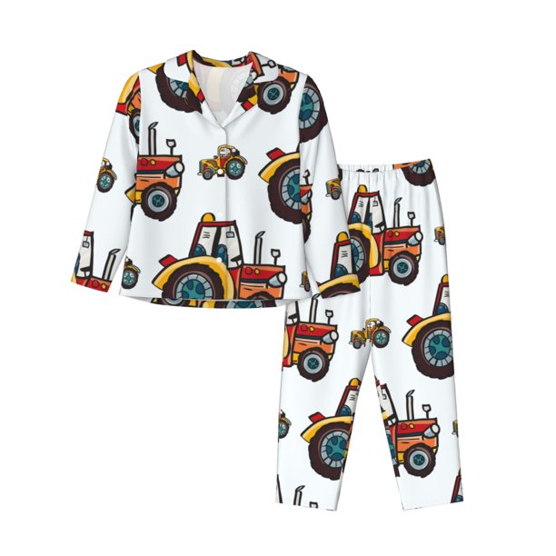 Fotbe Cartoon Tractor Conjunto de Pijama de Manga Larga para Mujer con Estampado, Ropa de Dormir de 2 Piezas, Conjunto de Casa Suave y Cómodo con Bolsillos-Small