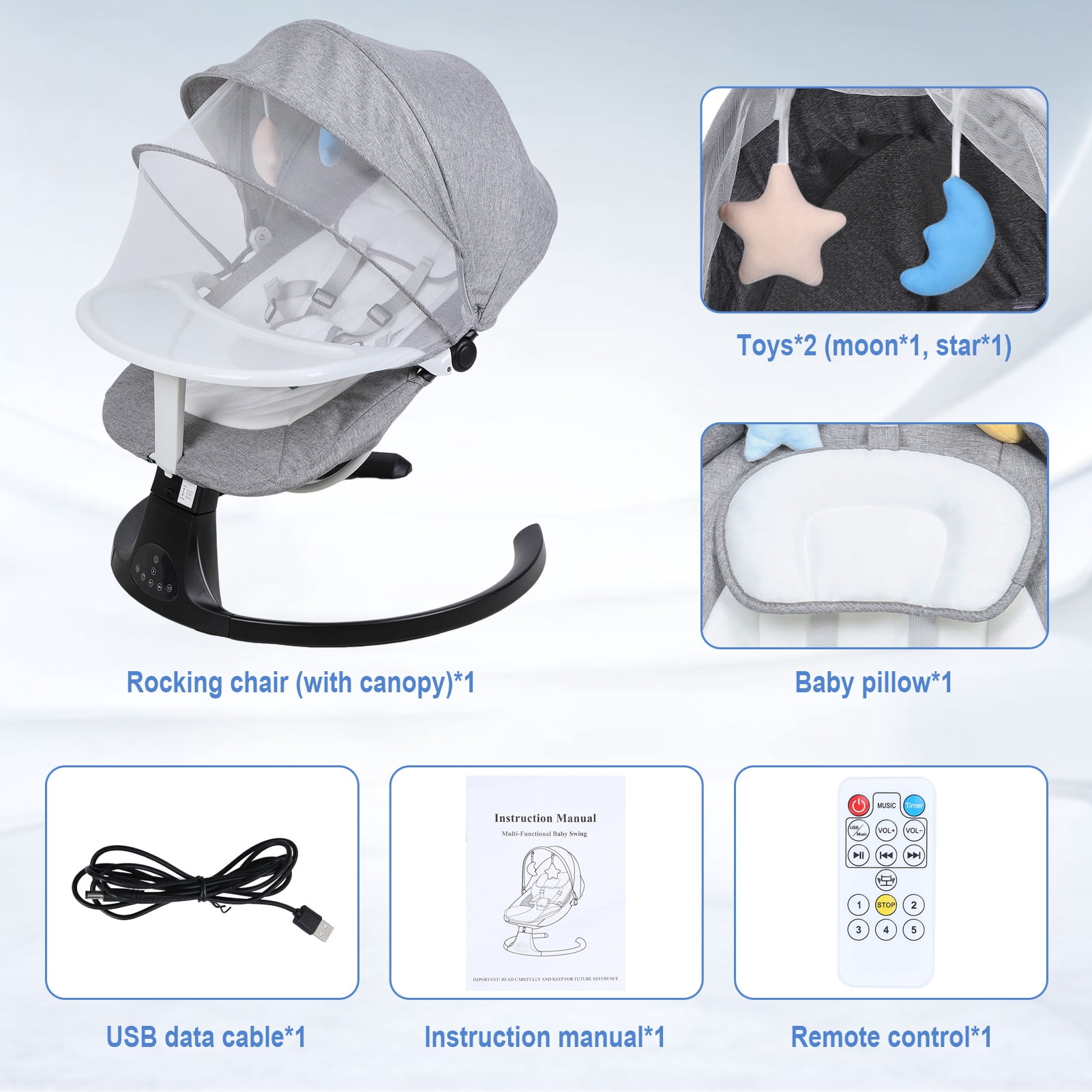 Happydeer Rocking Stool, Electric Rocking Chair with Intelligent Induction System and Safety Harness, Remote Control Bluetooth-compatible Adjustable Backrest and Timer
