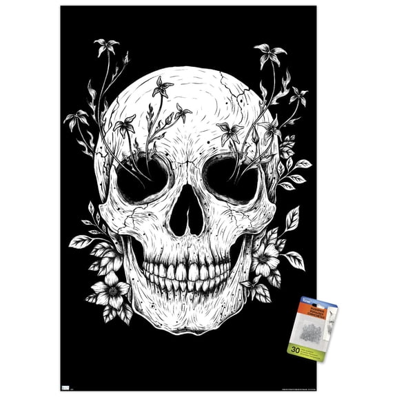 Episodic Drawing - Floral Skull Wall Poster with Push Pins, 22.375" x 34"