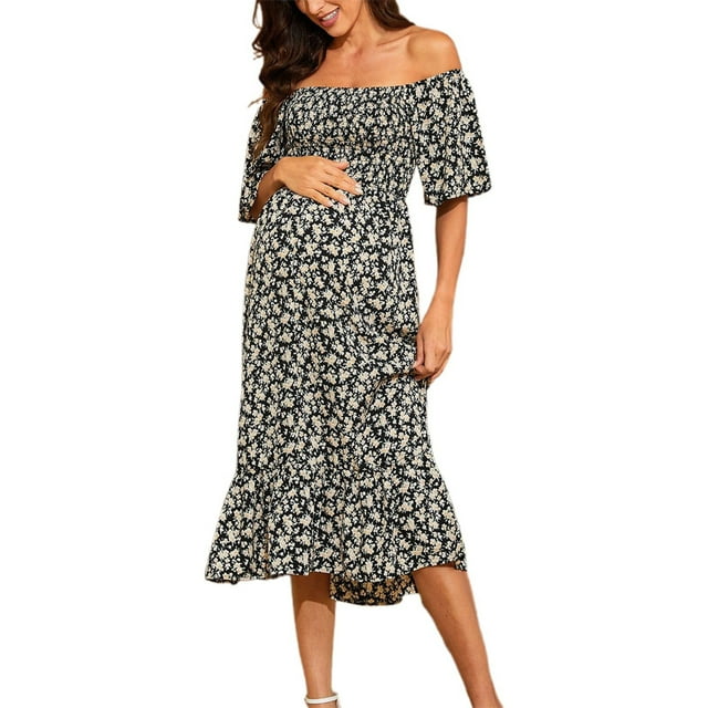 MEZZALL Robe Femme Florale à Encolure Carrée Robes Midi Robe de Maternité Enceinte Décontractée Robe Trapèze Longue Fluide à Smocks Confort Tenue Quotidienne S