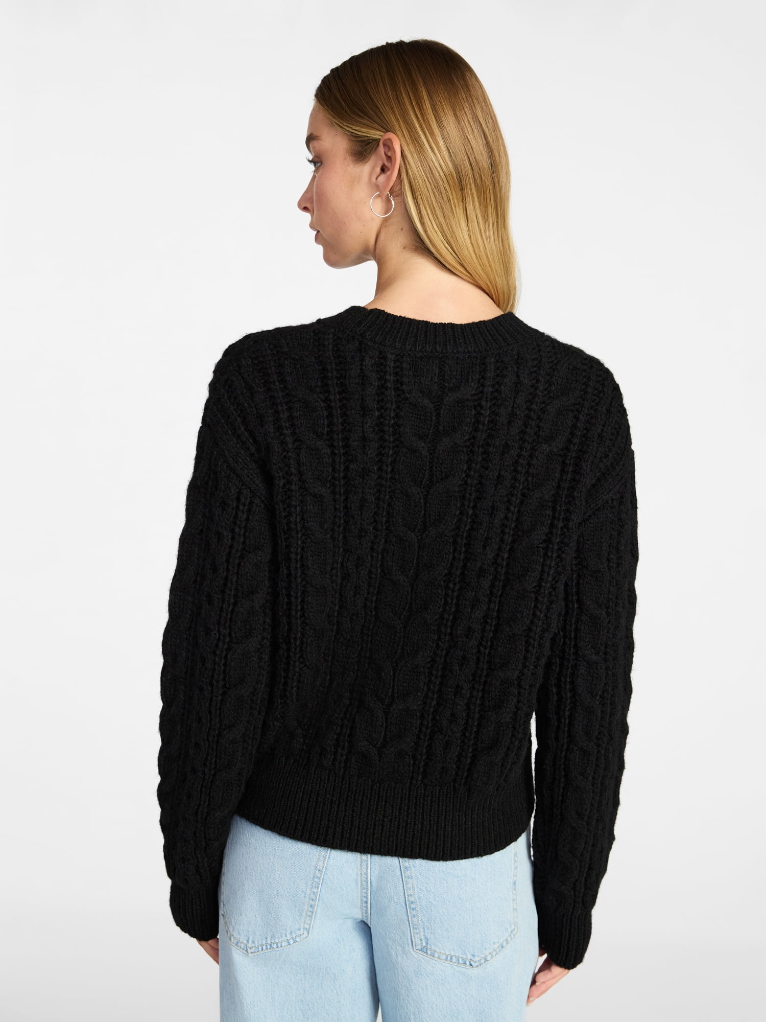 No Boundaries Cable Crewneck Drop Shoulder Sweater, Midweight, Women's XXS-XXL