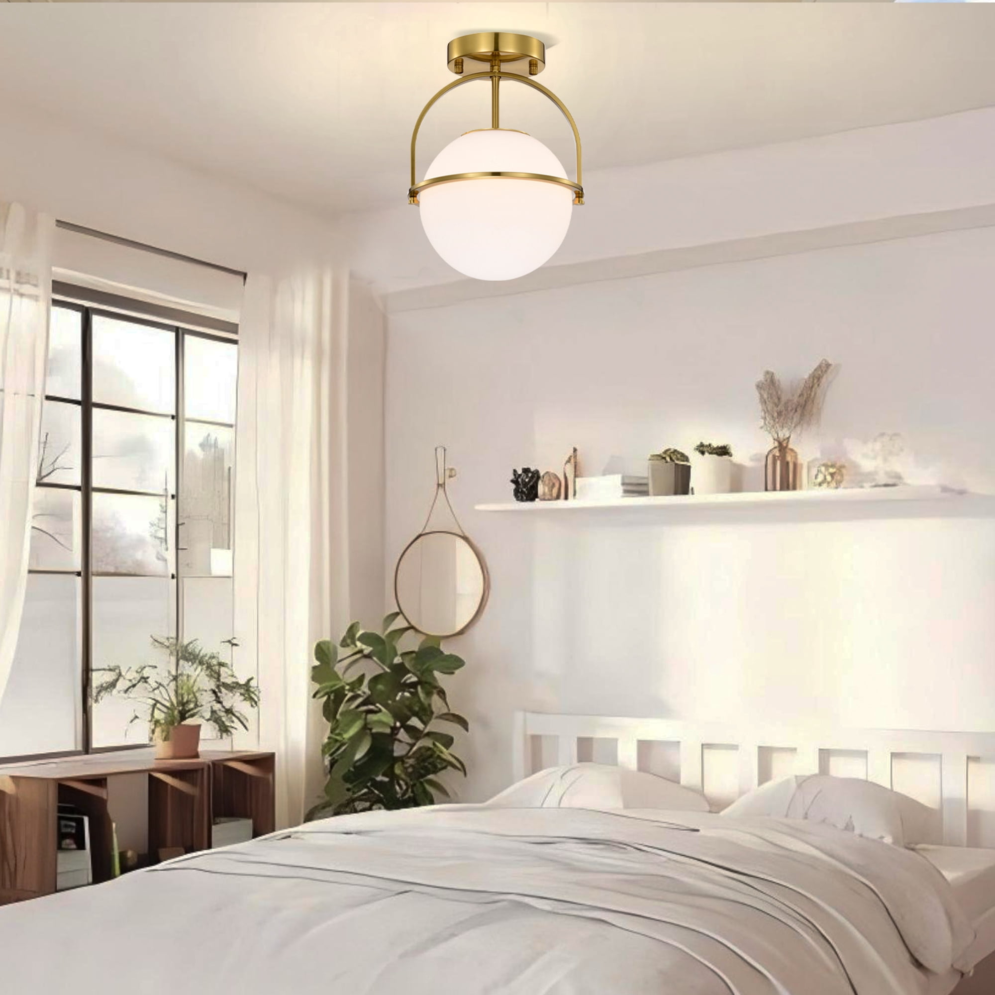 Gold Semi Flush Mount Ceiling Light, 1-Light Frosted Glass Ceiling Fixture for Hallway Entryway Kitchen Bedroom E12 Base