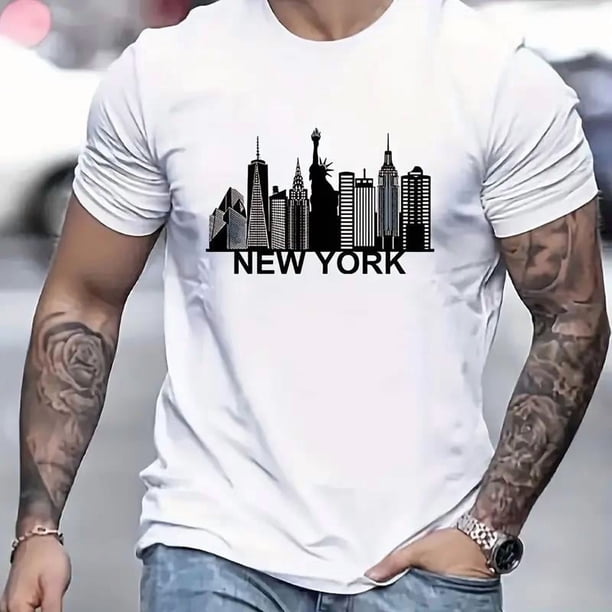 Comodidad para el día a día | Camiseta azul claro con el horizonte de Nueva York para hombre: algodón, informal, cómoda, manga corta, cuello redondo, lavable a máquina, moda de verano, camisetas infor