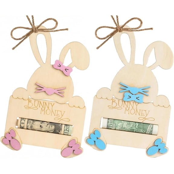 Easter Bunny Money Holder for Cash Gift Set of 2 - Wooden Gift Card Holder Basket Tag, Easter Basket Stuffers for Toddler Kids Teens, Decorative Bunny Design for Baby Boy Girl Grandchildren