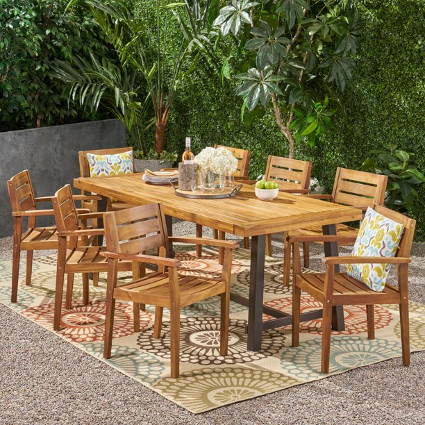 Kelly Outdoor Acacia Wood 8 Seater Dining Set, Teak
