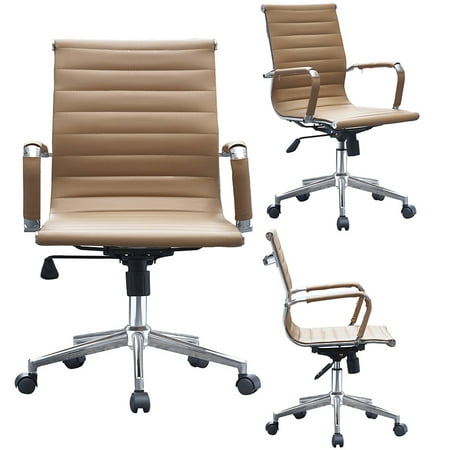 Leather Mid Back Chair - 2xhome Brown Ergonomic Executive Chair Mid back PU Leather Arm Rest Tilt Adjustable Height With Wheels Arms Ergonomic Swivel Task Lumbar Support Mid Century