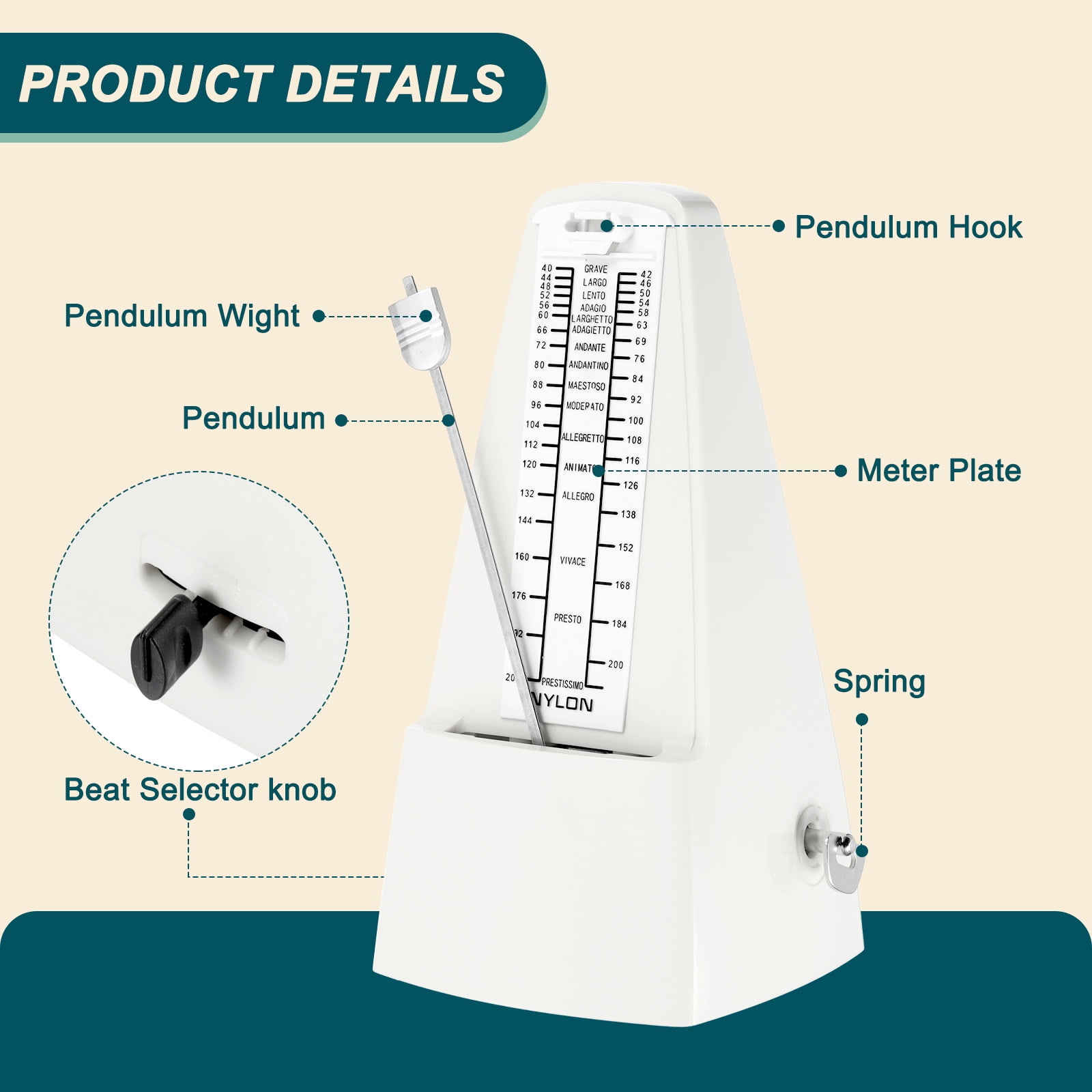 Uxcell Mechanical Metronome High Accuracy Musical Timer Universal Metronome for Piano Guitar Violin Ukulele Player White