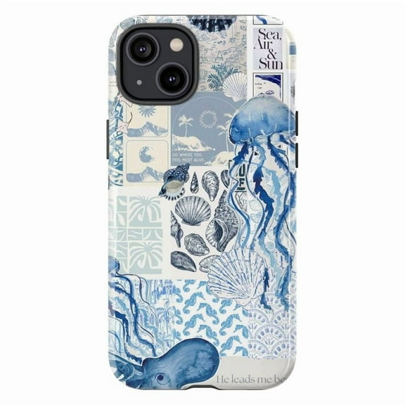 Ocean Blue Patchwork Phone Case | Jellyfish, Shells & Sea Life Collage | Dual Layer for iPhone 16/15/14/13/12/11 Pro Max