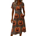 thumbnail image 4 of Women's Halloween Midi Dresses Pumpkin Bat Short Sleeve Spooky Dress V Neck Horror Causal Dresses, M, 4 of 5