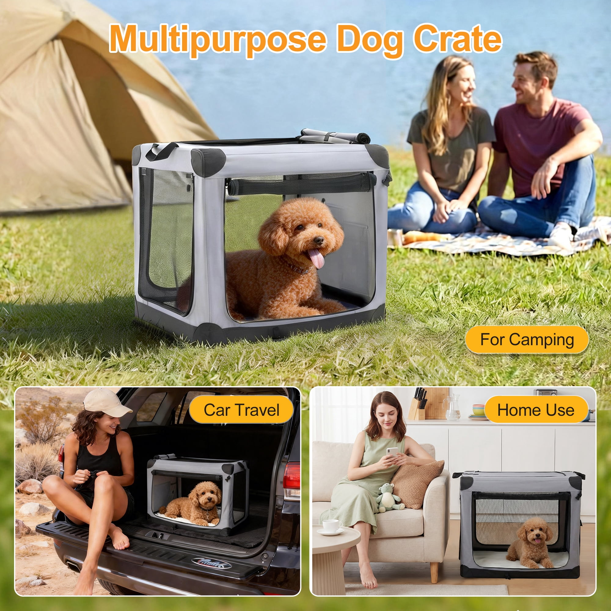 Sweetcrispy Portable Soft-Sided Dog Crate, Folding Travel Kennel with 3 Doors & Storage Pocket, Lightweight Oxford Fabric, Gray, 30 lb Limit