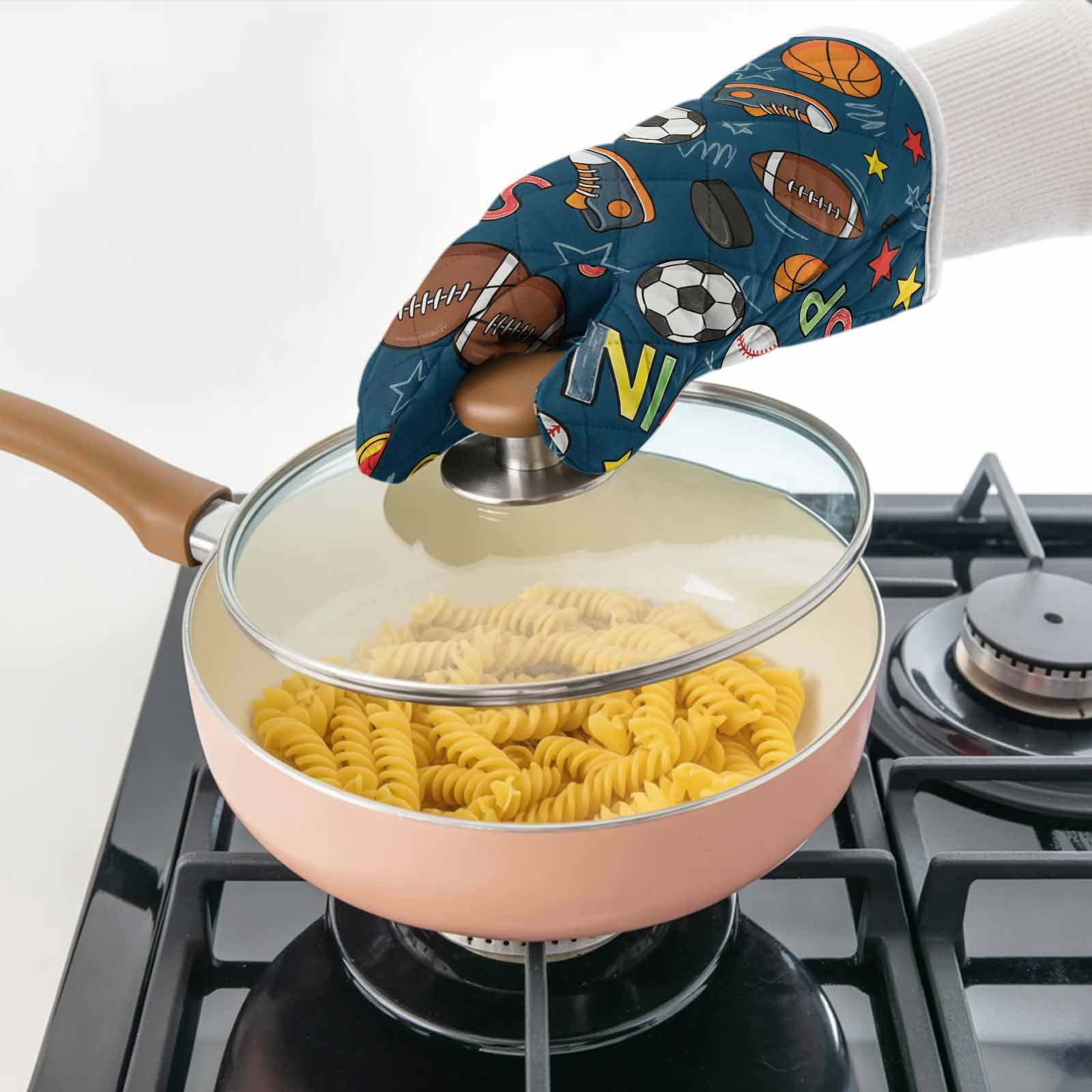 Oven Mitts and Pot Holder Set for Kitchen, Sports Balls Kitchen Oven Gloves Heat Resistance Non-Slip Surface Basketball Football Baseball Rugby Ice Hockey Hot Pads Sets for Cooking Baking BBQ