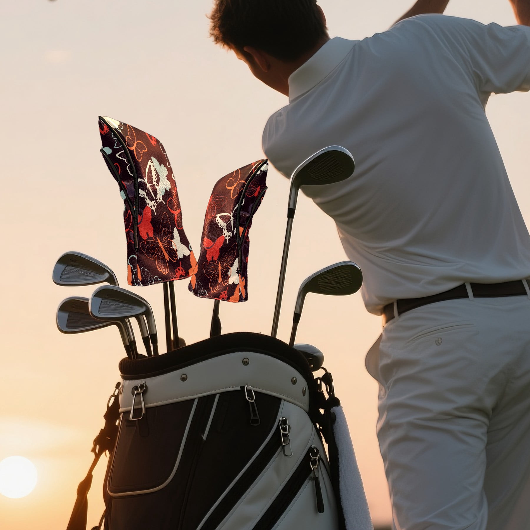 Golf Head Covers Colorful Butterfly Design for Driver, Wood & Hybrid, Premium Waterproof PU Leather with Plush Lining, Elegant Nature Golf Gifts