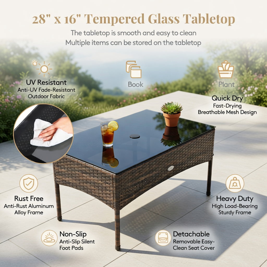 Hommoo 3-Piece Outdoor Patio Sectional Set with 5 Premium Cushions, All-Weather Rattan Sofa, Ottoman & Tempered Glass Coffee Table for Backyard, Poolside & Garden, Navy