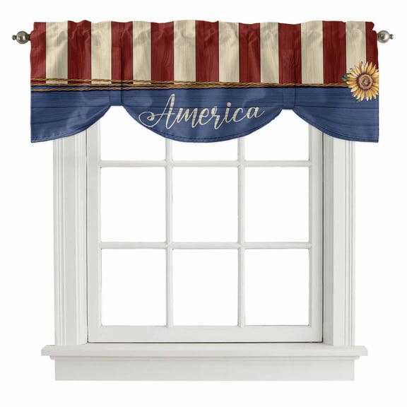 4th of July Tie Up Valance Curtains for Windows, Kitchen Curtains Window Treatments, Sunflower Independence Day Short Window Shades Valances for Bedroom Bathroom Cafe 54"x18"