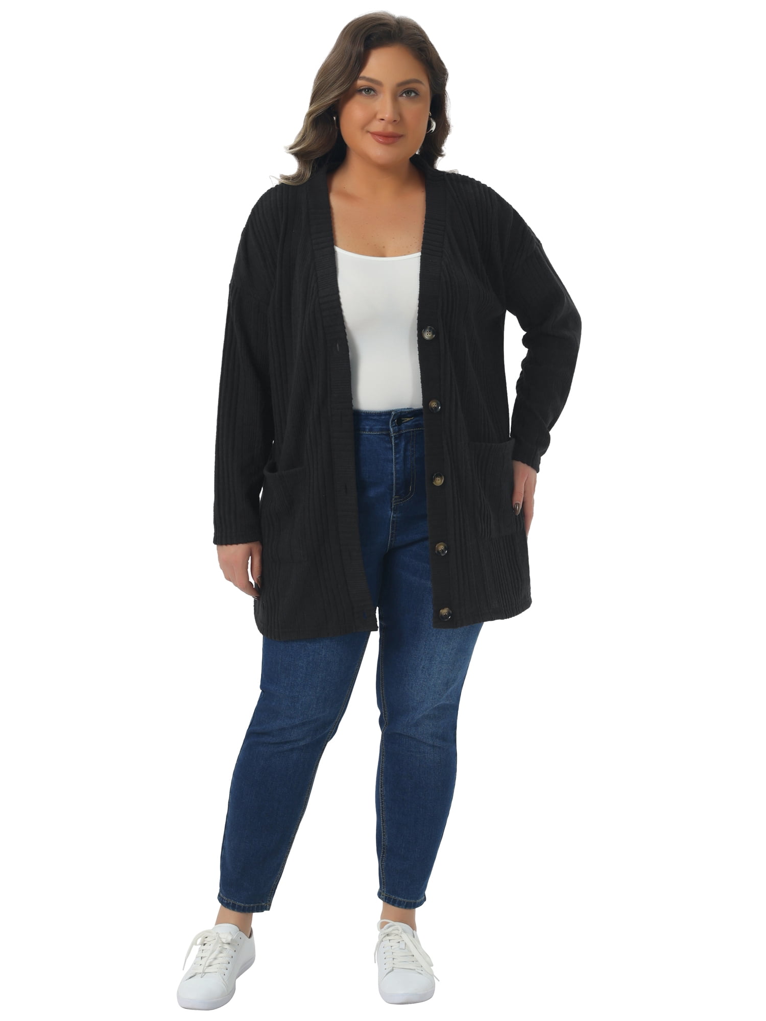 DARING DIVA Women's Plus Button V Neck Knit Cardigan with Pockets 3X Black
