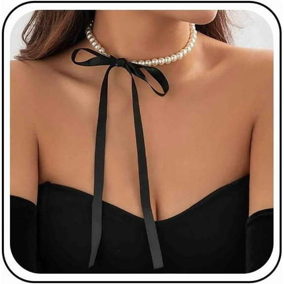 Vintage Pearl Ribbon Choker Necklace Black Satin Ribbon Bow Necklace White Pearl Necklace Long Black Bow Tie Up Necklace Chain Jewelry for Women