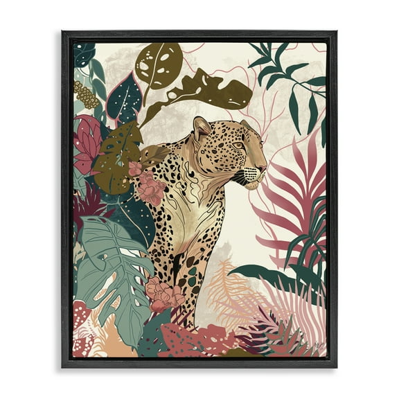 Stupell Industries Cheetah Tropical Leaf Pattern Animals & Insects Painting Black Floater Framed Canvas Art Print Wall Art, 17 x 21