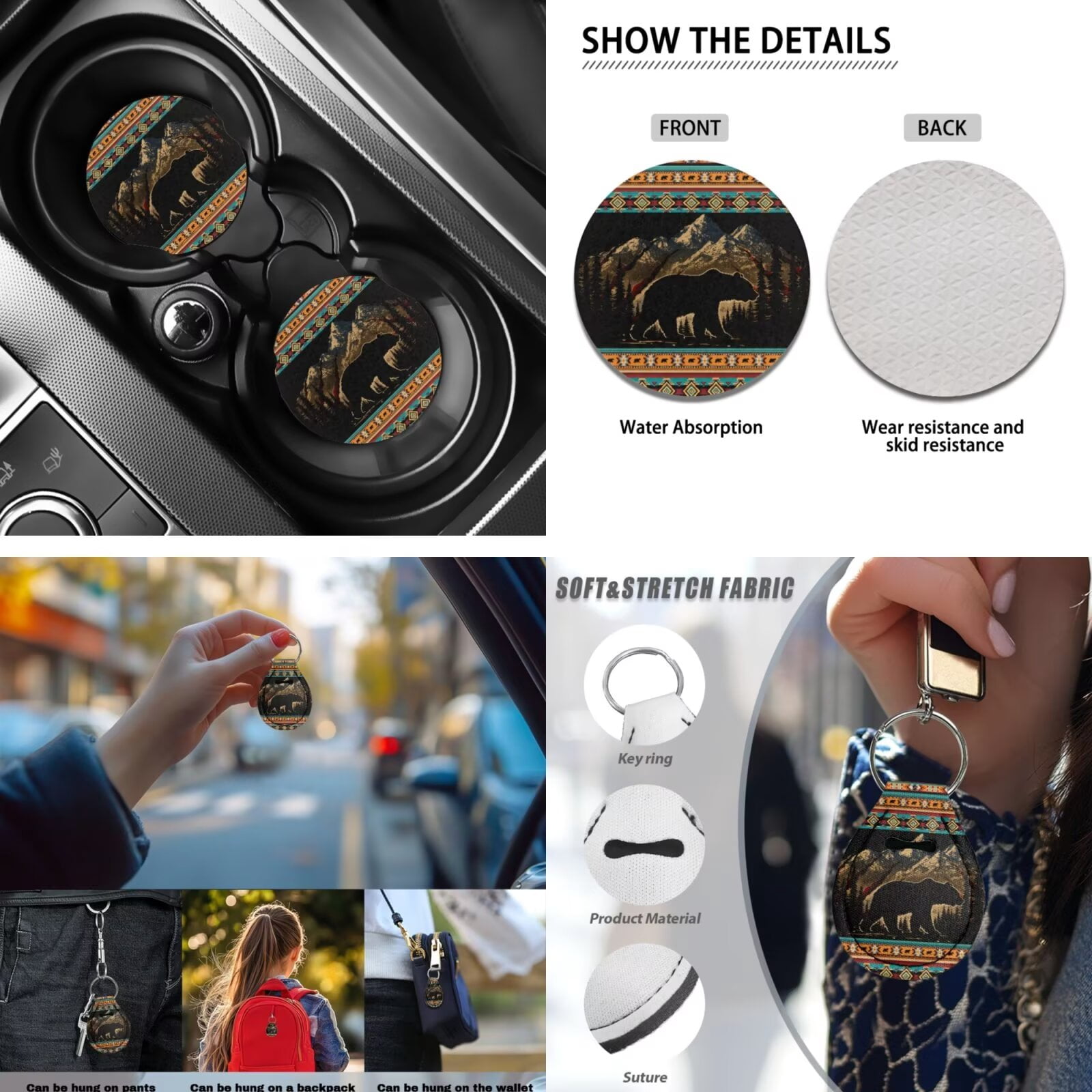 Garronmavis Aztec Bear Women's Auto Accessories 13 Piece Car Seat Cover Set with Steering Wheel Cover Seat Belt Cover Key Fob Lipstick Cover Coaster Protective Cover for Trucks Van SUV