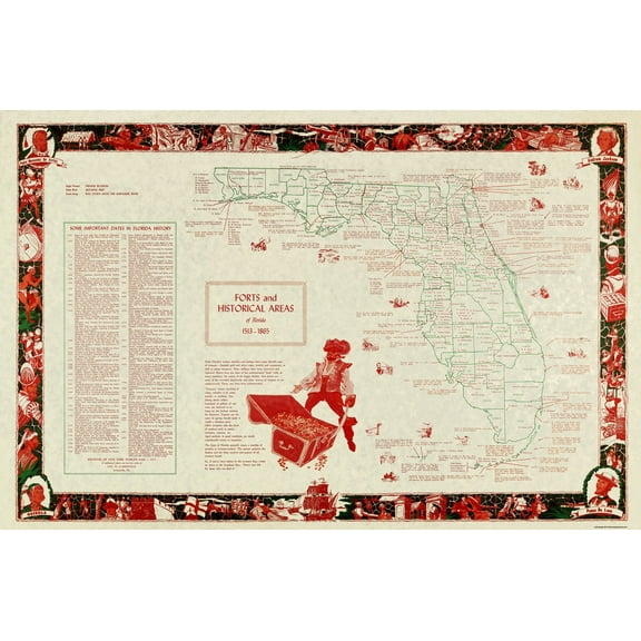 Railroad Map - Florida Forts Historical Areas 1513 - 1865 - 1965 - Vintage Wall Art