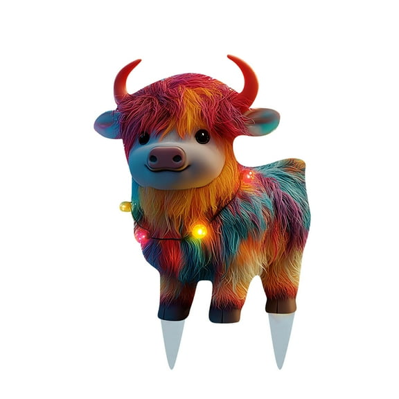 Colorful Highland Cow Christmas Yard Stake with String Lights - Whimsical Outdoor Holiday Decor for Adding Festive Cheer to Your Seasonal Landscape - A