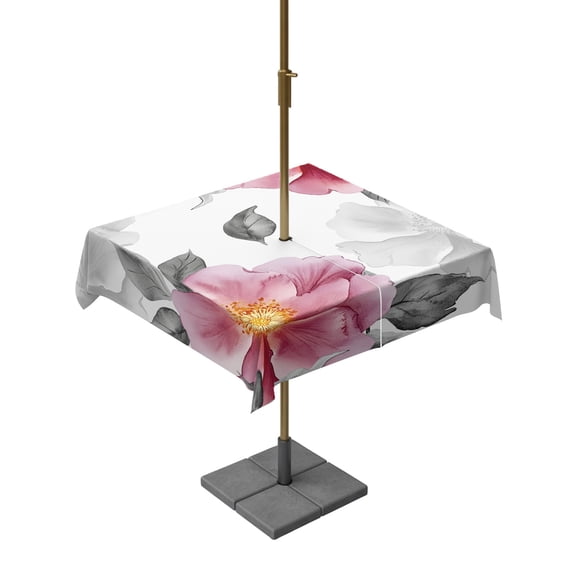 Outdoor Tablecloth with Umbrella Hole for Patio/Picnic/Party/Camping, Pink Grey Floral Waterproof Table Cloth Square Cover Washable, Botanical Leaves Spring Chic Flower (60"x 60")