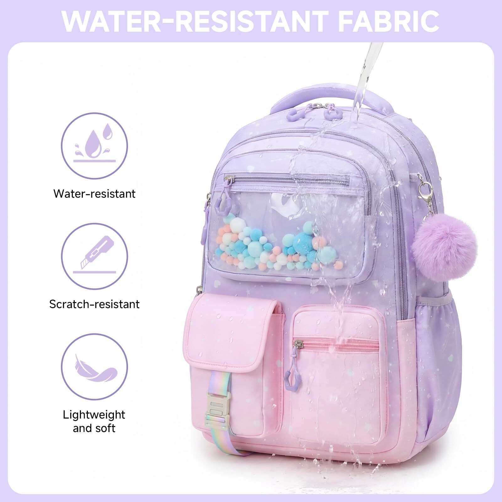 Mochila escolar para niñas de 20L para grados 1-5, ligera y ergonómica con tiras reflectantes, impermeable y con colgante lindo 3