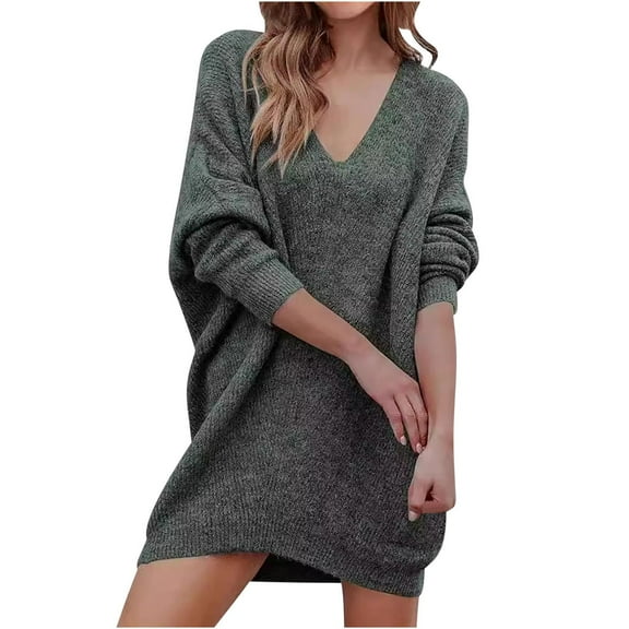 HAiming Womens Ribbed Knit Sweater Dress Casual Oversized Long Sleeve Drop Shoulder V Neck Fall Comfy Trendy Clothes