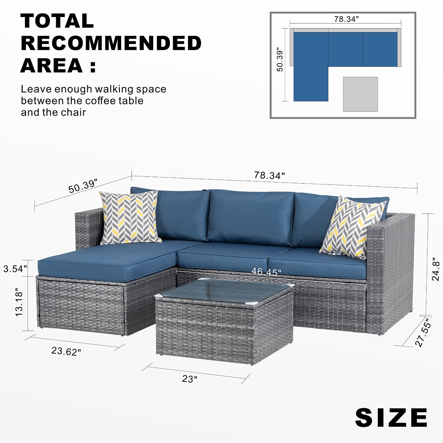 Walsunny 3 Piece Aegean Blue Outdoor Furniture Sectional Sofa Patio Set Silver Gray Rattan Wicker