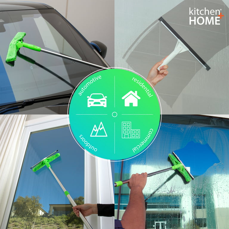 Telescopic Window Cleaning Kit with Super Squeegee and 3 Section Aluminum Extension Pole Lightweight All-In-One 5 Piece Set - Microfiber Glass