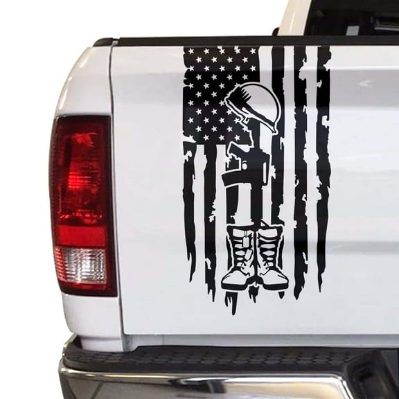 Battlefield Cross Fallen Soldier Tribute Helmet Boots Dog Tags Distressed American USA US Flag Truck Tailgate Vinyl Decal Compatible with Most Pickup Trucks (11" x 20", Black)