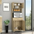 thumbnail image 2 of Pantry Cabinet In Oak Finish - 67" H, 4 Doors, 1 Drawer, 3 Internal Shelves, 2 External Microwave Storage, Legs Design For Household Storage Space, Practical Unit, 2 of 7