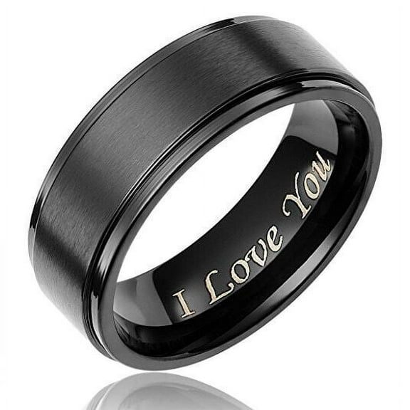 Wedding Rings for Men 8mm Black Titanium Band w/ I Love You Text