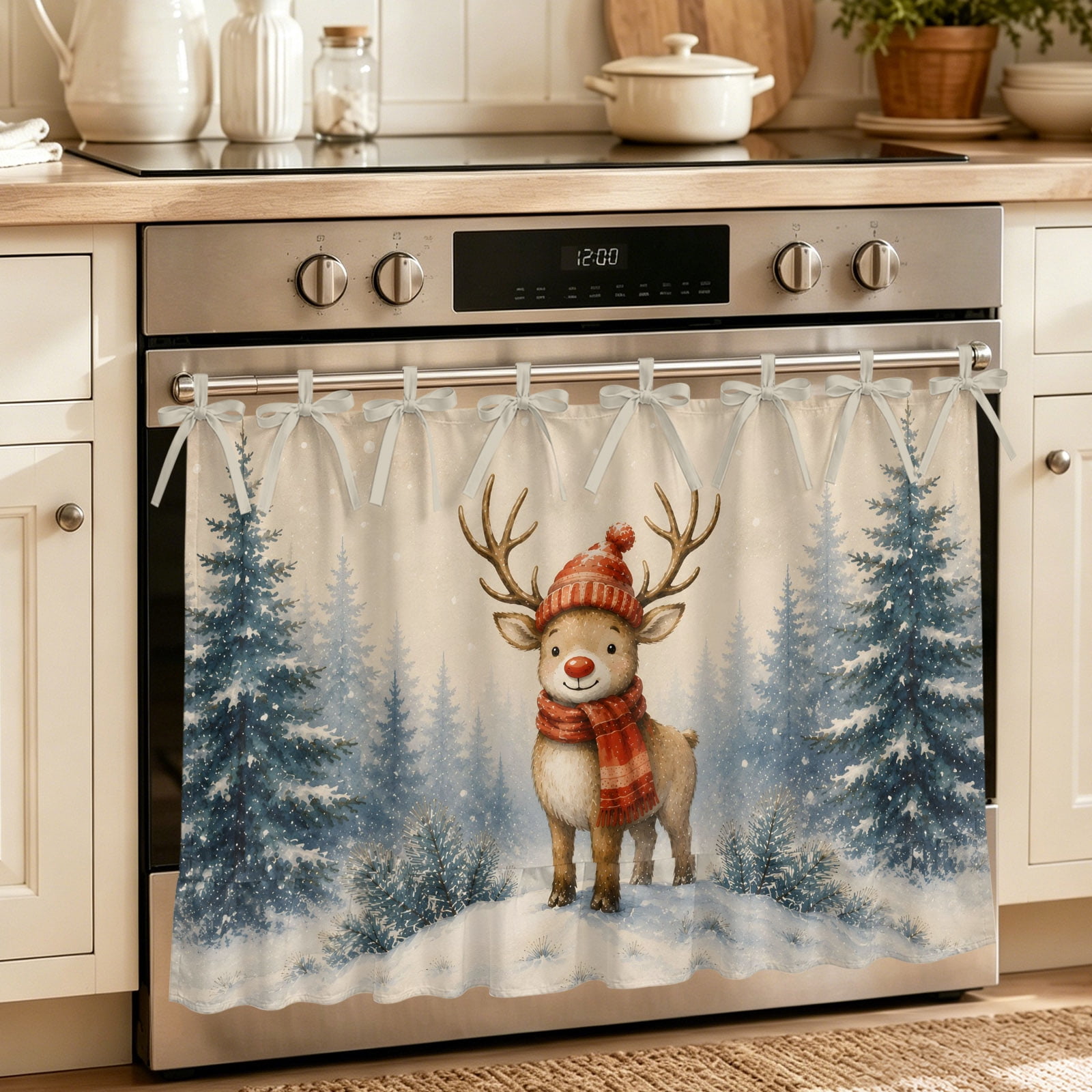 Oven Curtain for Kitchen Farmhouse Christmas Elk Stove Curtain With Ruffled Trim Dishwasher Curtains Vintage Winter Pine Tree Snowy Oven Skirt 30 x21.5