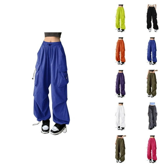 Baggy Cargo Pants for Women Vintage Wide Straight Leg Elastic Waist Loose Casual Pants with Pockets Trouser Streetwear
