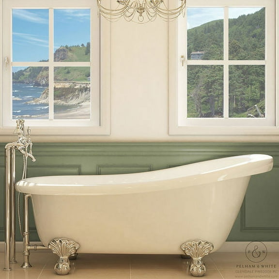 Pelham & White Luxury 67 inch Clawfoot Bathtub with Vintage Slipper Tub Design in White, includes Polished Chrome Ball and Claw Feet and Drain, from The Glendale Collection