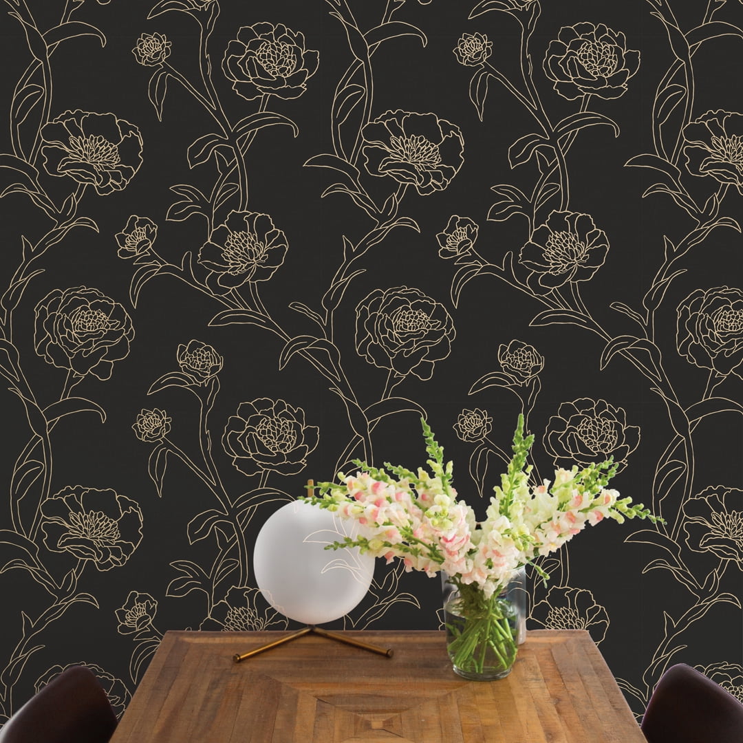 Tempaper Black & Metallic Gold Peonies Peel and Stick Wallpaper, 20.5" x 16.5'