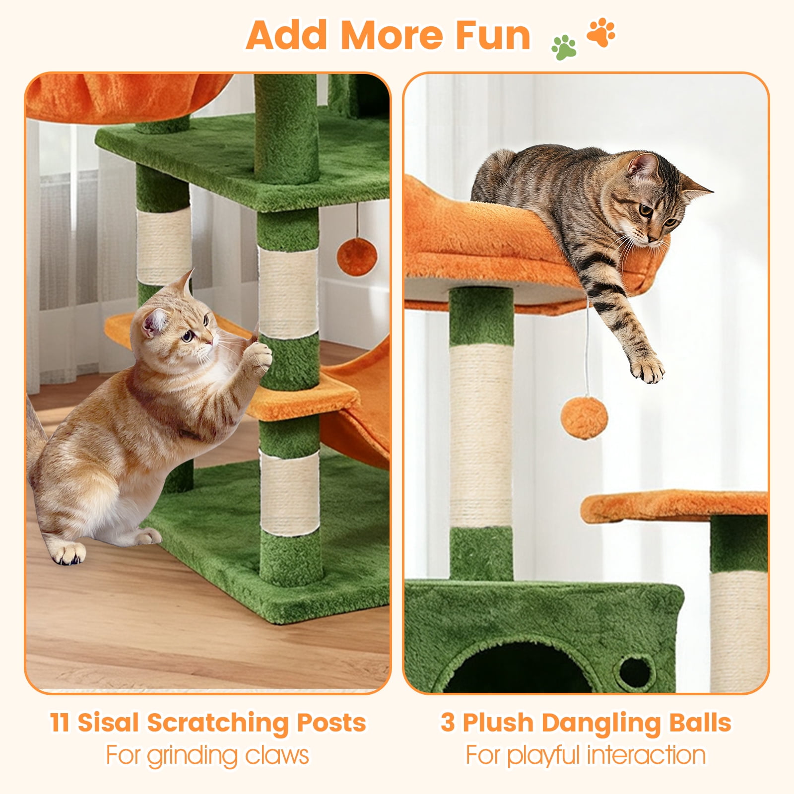 Gymax 66'' Tall Cat Tree w/2 Condos Sisal Scratching Posts Plush Perch Hammock Basket
