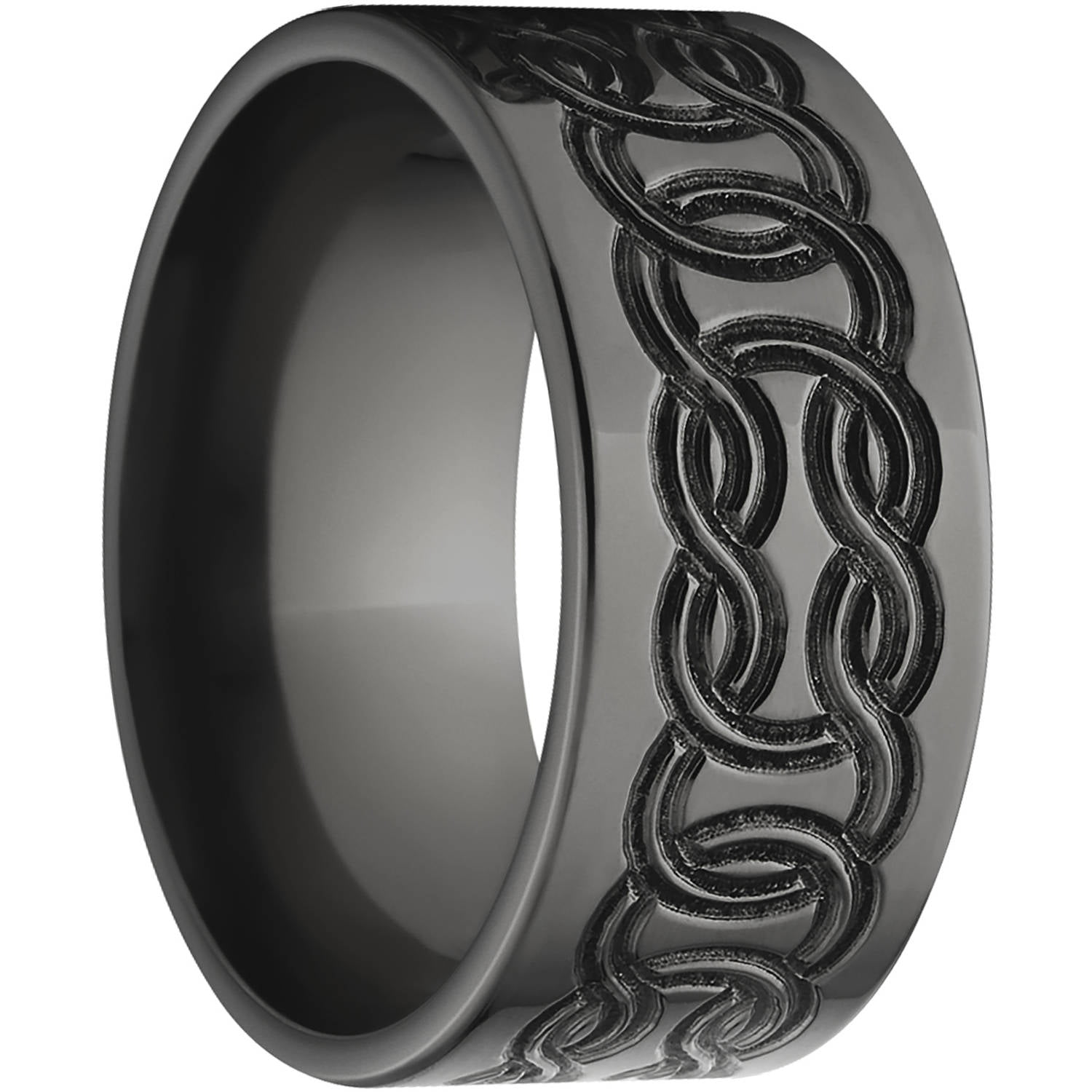 10mm Flat Black Zirconium Ring with a Milled Celtic Design