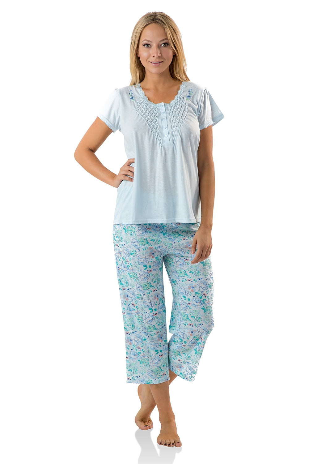 Casual Nights Women's Short Sleeve Lace Dot Capri Pajama Set - Walmart.com