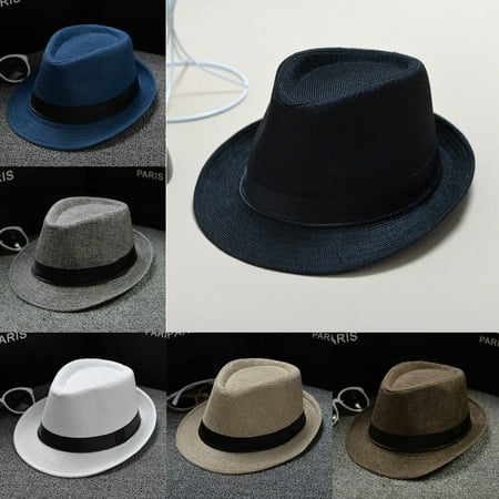 Cool Unisex Vintage Blower Jazz Hat Women/Men Casual Trendy Beach Sunhats Straw Panama Cap Cowboy Fedora Gangster Cap with Black