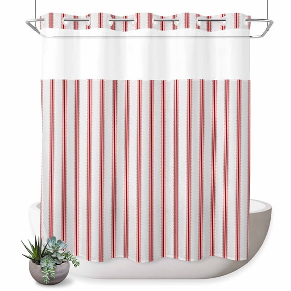 No Hook Shower Curtain with Built-in Rings - Red Vintage Striped Washable Waterproof Fabric Bathroom Curtains for Hotel,Rentals, 72 X 72 Inch Long , Abstract Modern Geometric Art
