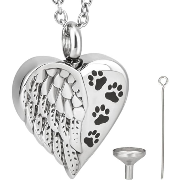 Heart Urn Necklace Keepsake Cremation Jewelry for Ashes Mini Feather Wing Paw Print Stainless Steel Silver Memorial Pendant Urn Necklace with Funnel Pin for Human Pet 21Inch grey