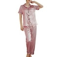 thumbnail image 4 of Women's Satin Pajama Set 2 Piece Silk Button Down Sleepwear Soft Summer Fall Silk Summer Pjs Short Sleeve Shirt Pants Lounge Set Fall Lightweight Coral 16, 4 of 5