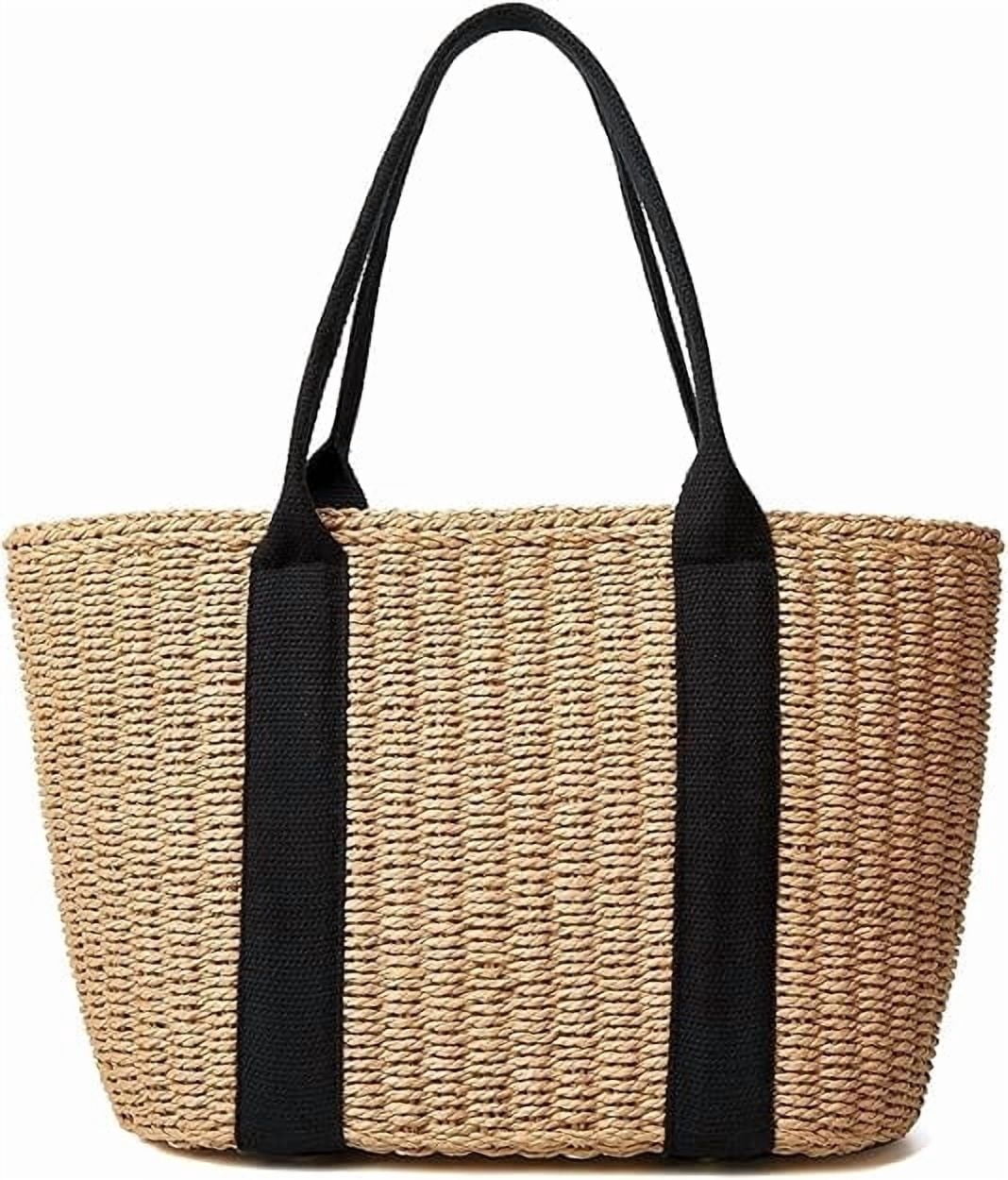 Daisy Rose Summer Handbag - Large Straw Beach Tote with Pom Poms