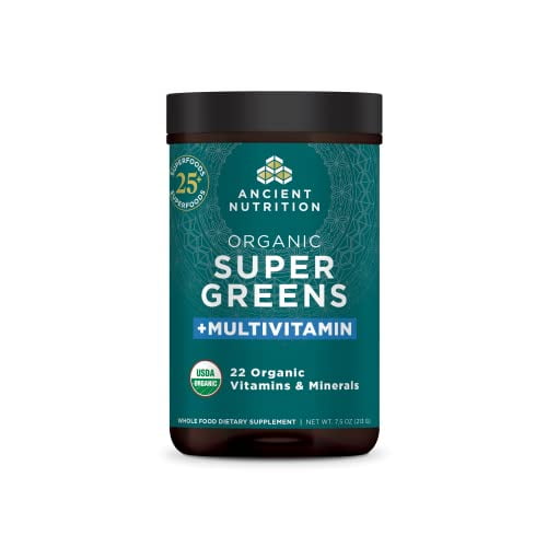 Ancient Nutrition SuperGreens orgánicos y polvo multivitamínico con probióticos, hecho de frutas, verduras y hierbas reales, para apoyo digestivo, desintoxicante y energético, 25 porciones