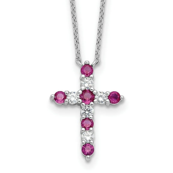 Sterling Silver Ruby CZ Cross Pendant Necklace for Men and Women with July Birthstone and White Stones on High Polish Chain Spiritual Fashion Jewelry