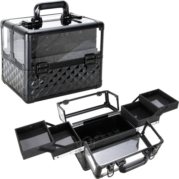 Ver Beauty Armored Acrylic 4-Tiers Accordion Trays Makeup Travel Case with Dividers, Black Diamond