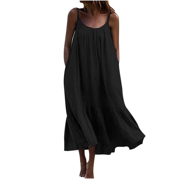 Summer Midi Cotton Loose Cami Dress for Women Sale Solid Color Vintage Sleeveless Boho Beach Round Neck Sundress for Girls Elegant Casual Comfy Holiday Black XXXXL